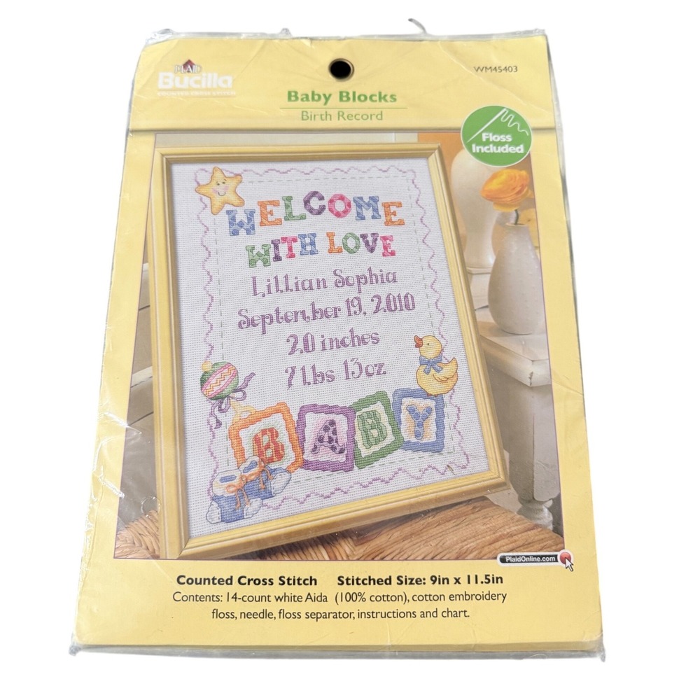 Bucilla Baby Blocks Birth Record Counted Cross Stitch Kit‎ WM45403 9x11.5 NEW